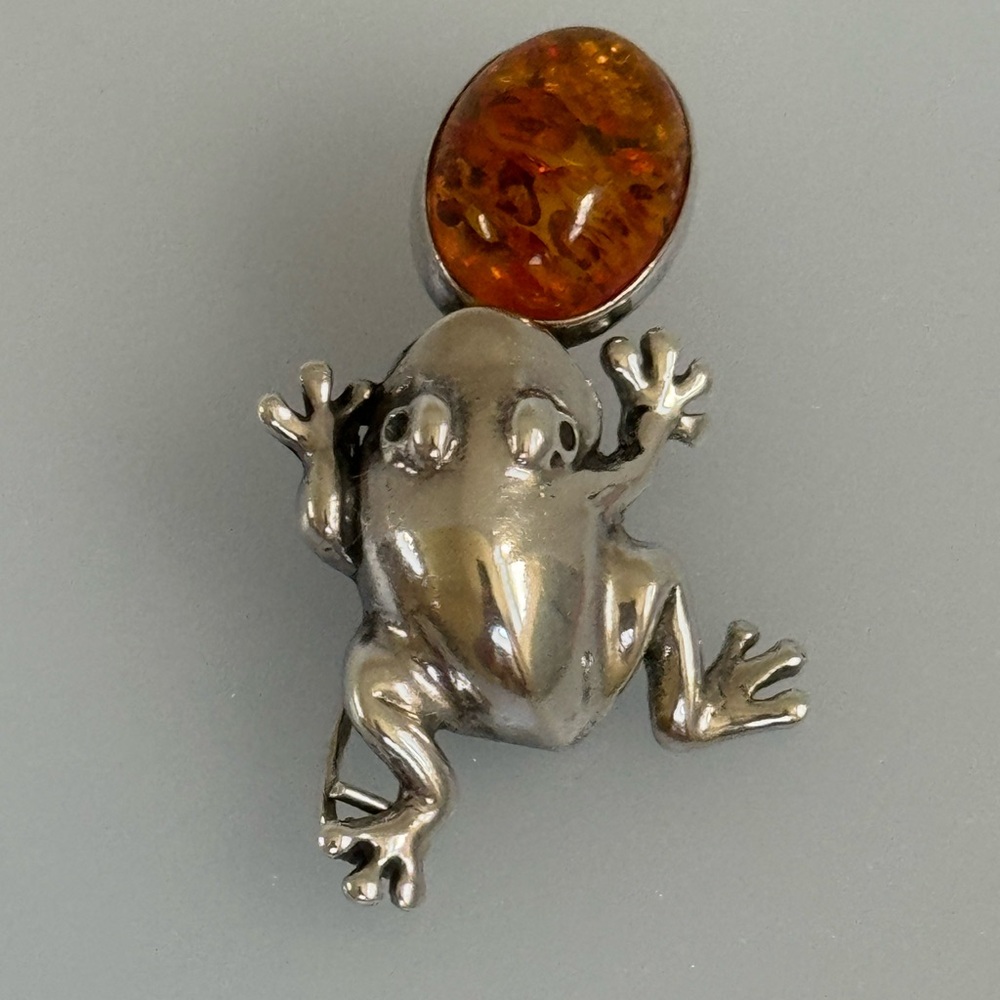 Sterling Silver Frog Brooch with Genuine Amber Accent